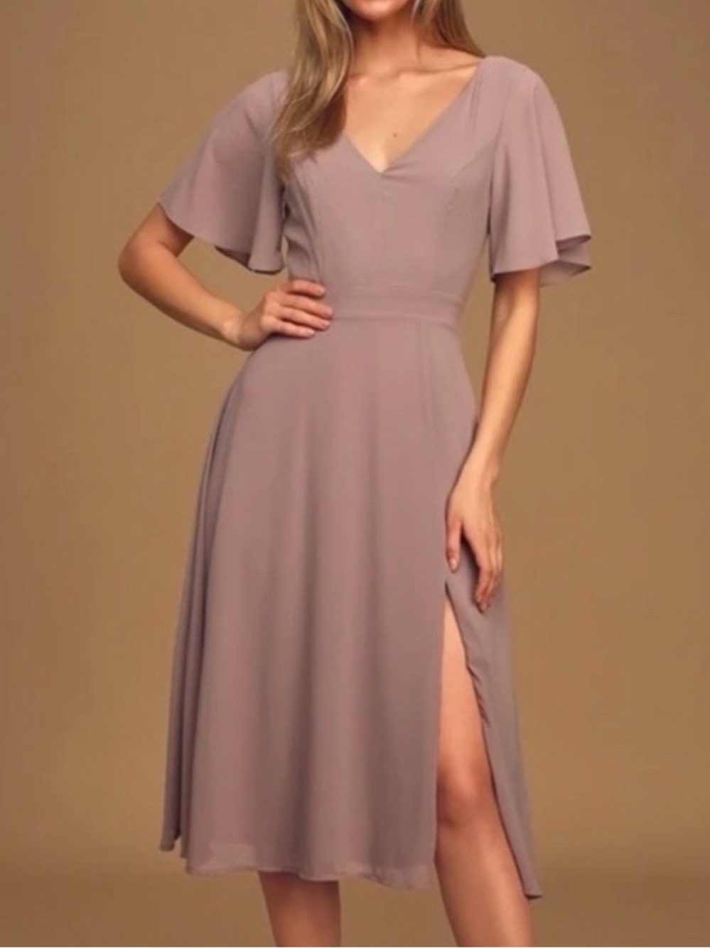 Lulus Treasure Me Always Grey Lavender Flutter Sleeve V-Neck Midi Dress Sz Small